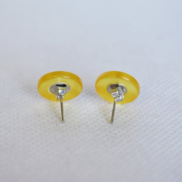 Handmade Shiny Yellow Button Stud Earrings - Picture 4 of 7